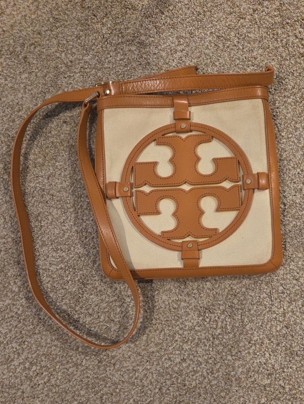 Tory Burch Beige Canvas & Tan Leather Crossbody Bag